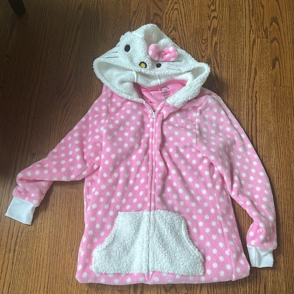 🌿Hello Kitty Adorable Pink Polka Dot Fleece Hooded Onesie, size S🌿 - Picture 1 of 6